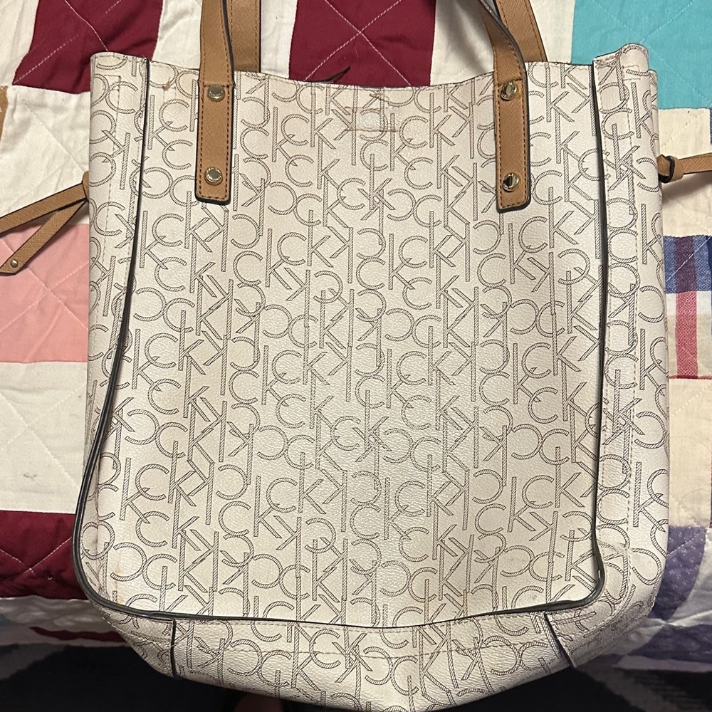 Calvin Klein Logo Tote in Cream and Tan